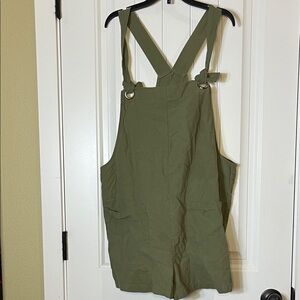 Green Linen Cotton Shortalls Overall Shorts Casual Summer Romper